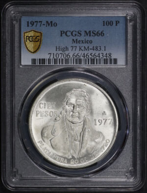 Obverse of this 1977-Mo Mexico 100 Pesos High 77 KM-483.1 PCGS MS-66