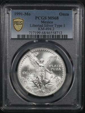 Obverse of this 1991-Mo Mexico Silver Type 1 Libertad Onza KM-494.2 PCGS MS-68