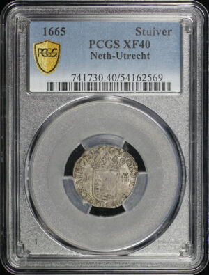 Obverse of this 1665 Utrecht, Netherlands Stuiver PCGS XF-40
