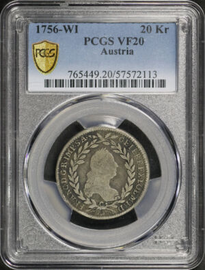 Obverse of this 1756-WI Austria KM-2028 20Kr PCGS VF-20