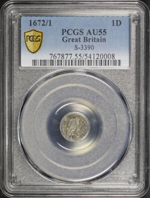 Obverse of this 1672/1 Great Britain S-3390 1D PCGS AU-55