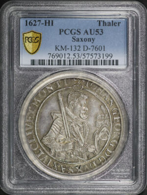 Obverse of this 1627-HI German States Saxony Silver 1 Thaler KM-132 D-7601 PCGS AU-53
