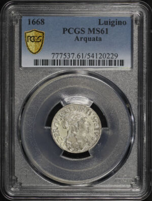Obverse of this 1668 Italian States Loano Luigino Km# 22 PCGS MS-61