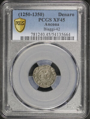 Obverse of this (1250-1350) Ancona Biaggi-42 Denaro PCGS XF-45