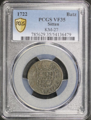 Obverse of this 1722 Sitten KM-27 Batz PCGS VF-35