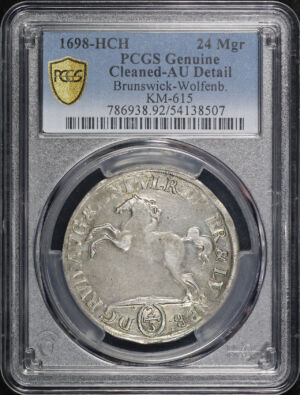 Obverse of this 1698-HCH German States Brunswick-Wolfenbüttel Silver 24 Mariengroschen KM-615 PCGS AU Details Cleaned
