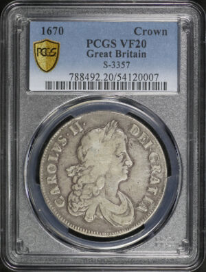 Obverse of this 1670 Great Britain King Charles II Silver 1 Crown S-3357 KM-422.3 PCGS VF-20