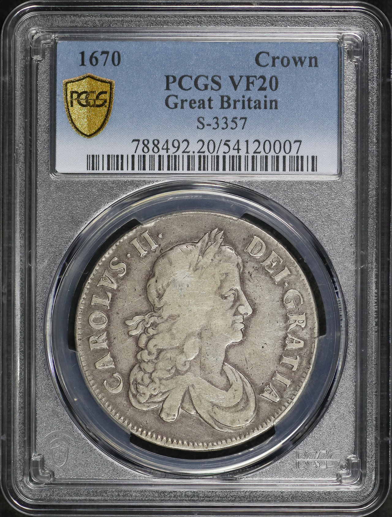 Obverse of this 1670 Great Britain King Charles II Silver 1 Crown S-3357 KM-422.3 PCGS VF-20