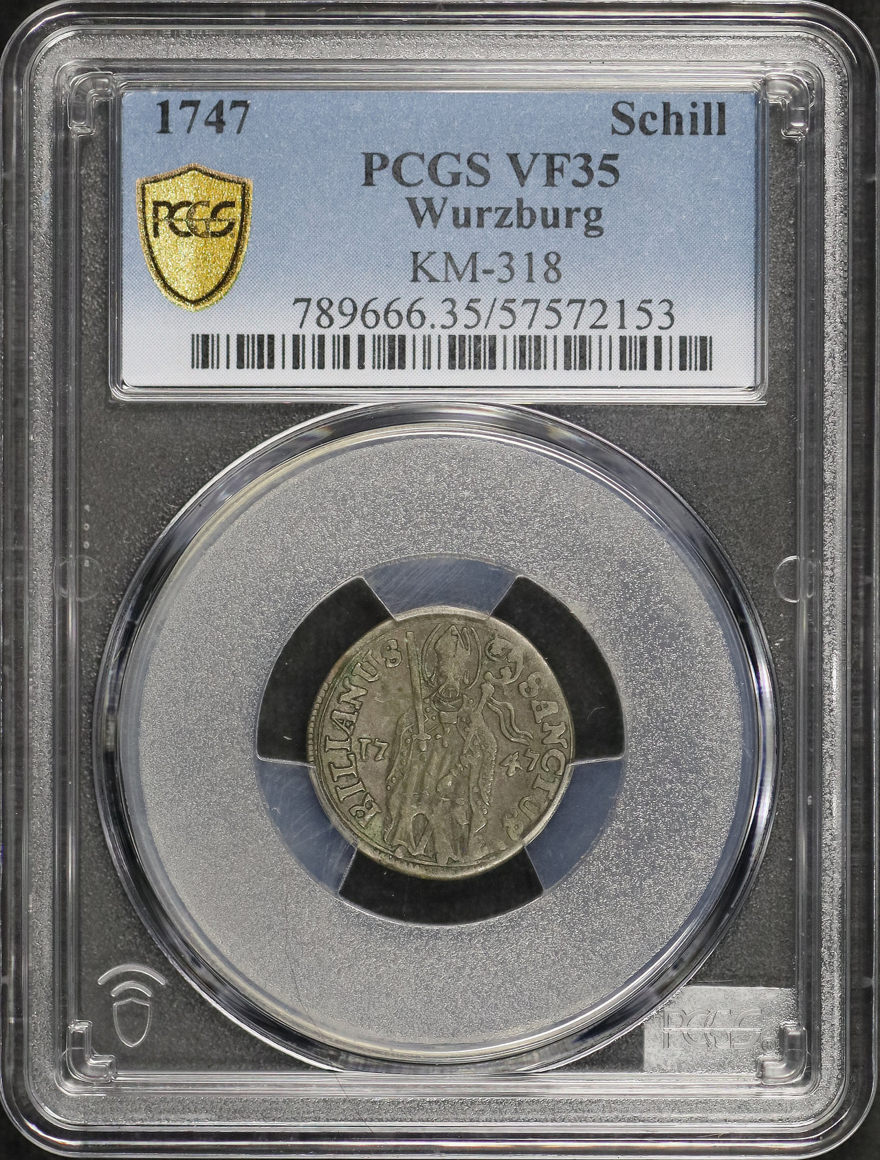 Obverse of this 1747 German States Wurzburg Silver Schilling KM-318 PCGS VF-35
