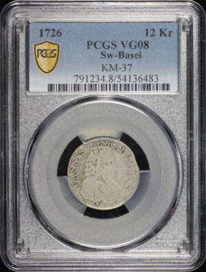 Obverse of this 1726 Basel, Switzerland KM-37 12Kr PCGS VG-08