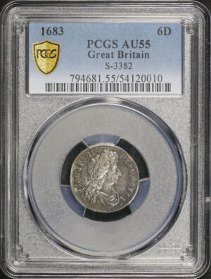 Obverse of this 1683 Great Britain King Charles II Silver 6 Pence S-3382 KM-441 PCGS AU-55