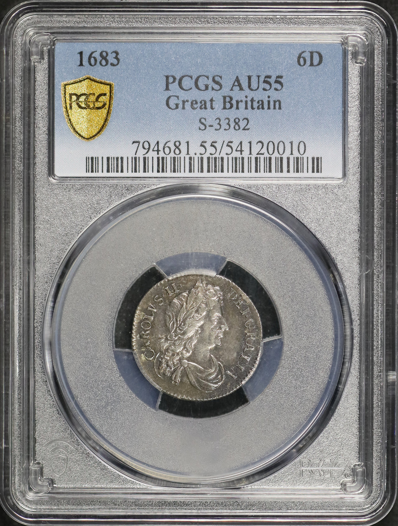 Obverse of this 1683 Great Britain King Charles II Silver 6 Pence S-3382 KM-441 PCGS AU-55