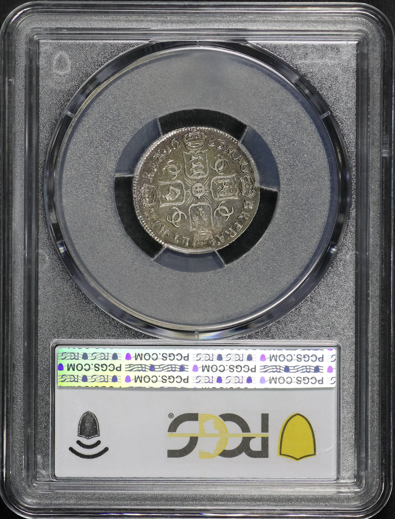Reverse of this 1683 Great Britain King Charles II Silver 6 Pence S-3382 KM-441 PCGS AU-55