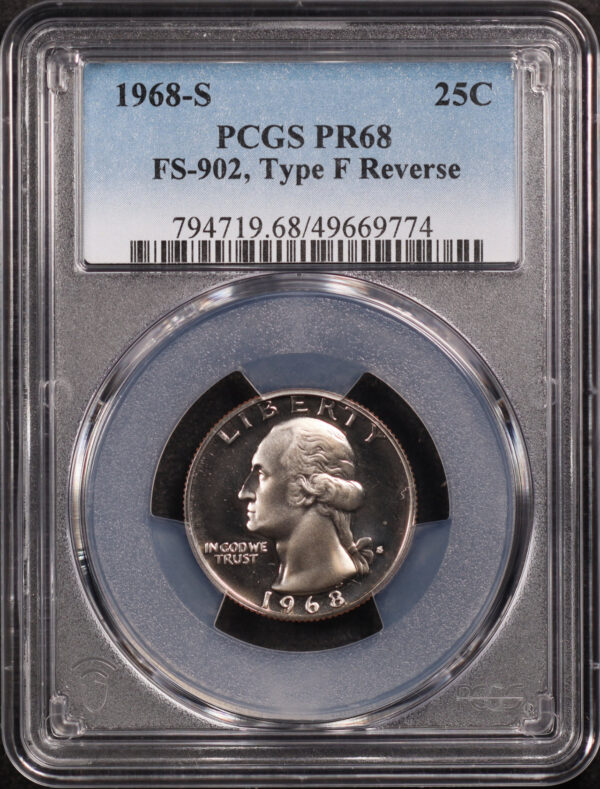 Obverse of this 1968-S Washington Quarter PCGS PR-68 FS-902, Type F Reverse