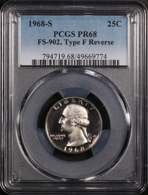 Obverse of this 1968-S Washington Quarter PCGS PR-68 FS-902, Type F Reverse