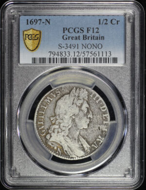 Obverse of this 1697 Great Britain William III Silver 1/2 Crown NONO S-3491 KM-491.11 PCGS F-12