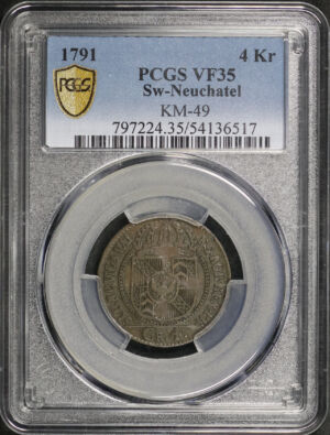 Obverse of this 1791 Neuchatel, switzerland KM-49 4Kr PCGS VF-35
