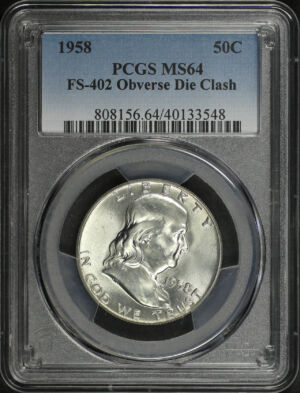 Obverse of this 1958 Franklin Half Dollar FS-402 Obverse Die Clash PCGS MS-64