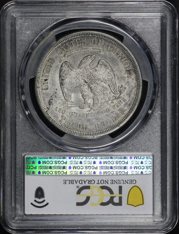 Reverse of this 1876 Trade Dollar Type I/I PCGS AU-92 Type-I/I, Chopmarked