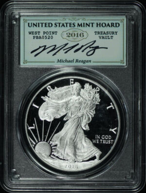 Obverse of this 2016-W (2020) Silver Eagle 30th Anniversary Lettered Edge PCGS PR-70 DCAM West Point Hoard  Reagan Legacy Series 
