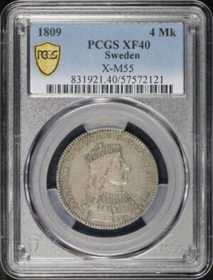 Obverse of this 1809 Sweden Silver 1/3 Riksdaler Coronation of Charles XIII PCGS XF-40