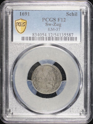 Obverse of this 1691 Switzerland Zug Billon Schilling KM-37 PCGS F-12