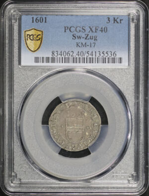 Obverse of this 1601 Zug 3 Kreuzer Sw-Zug KM-17 PCGS XF-40