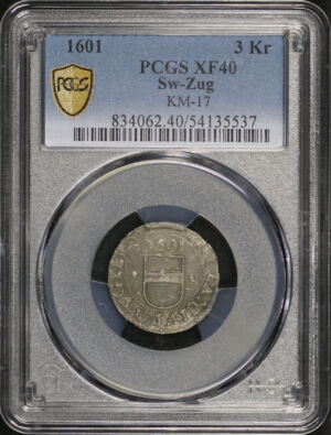 Obverse of this 1601 Sw-Zug 3 Kreuzer KM-17 PCGS XF-40