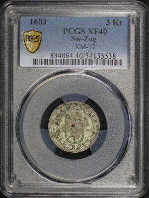 Obverse of this 1603 Sw-Zug 3 Kreuzer KM-17 PCGS XF-40