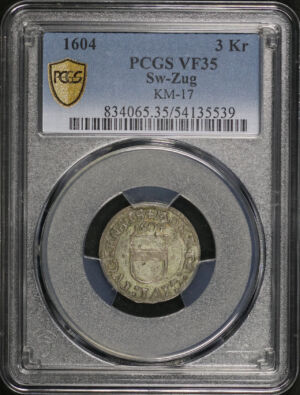 Obverse of this 1604 Zug 3 Kreuzer Sw-Zug KM-17 PCGS VF-35