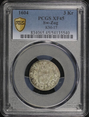 Obverse of this 1604 Zug 3 Kreuzer Sw-Zug KM-17 PCGS XF-45