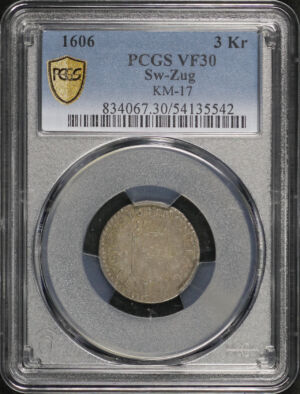 Obverse of this 1606 Zug 3 Kreuzer Sw-Zug KM-17 PCGS VF-30