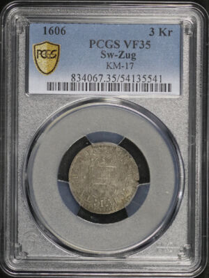 Obverse of this 1606 Austria 3 Kreuzer Sw-Zug KM-17 PCGS VF-35