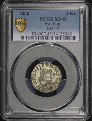 Obverse of this 1606 Zug 3 Kreuzer Sw-Zug KM-17 PCGS XF-45