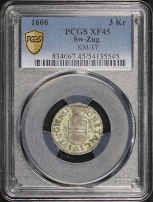 Obverse of this 1606 Austria 3 Kreuzer Sw-Zug KM-17 PCGS XF-45