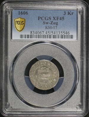 Obverse of this 1606 Sw-Zug 3 Kreuzer KM-17 PCGS XF-45