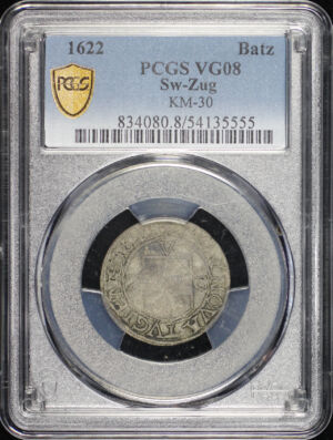 Obverse of this 1622 Switzerland Zug Billon Batzen KM-30 PCGS VG-08