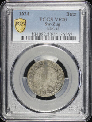Obverse of this 1624 Switzerland Zug Billon Batzen KM-33 PCGS VF-20