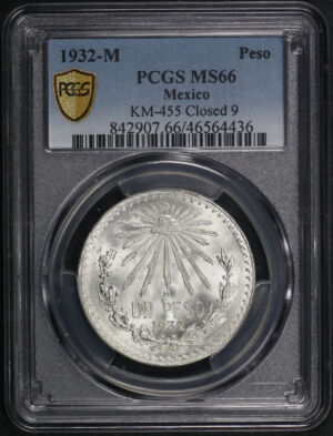 Obverse of this 1932-M Mexico Silver Peso  KM-455 Closed 9 PCGS MS-66