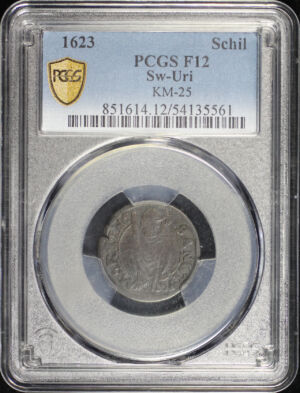 Obverse of this 1623 Switzerland Talschaft of Uri Billon Schilling KM-25 PCGS F-12