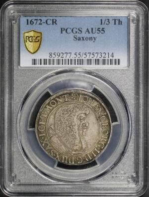 Obverse of this 1672-CR Saxony 1/3Th PCGS AU-55