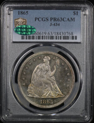 Obverse of this 1865 Liberty Seated Dollar Pattern J-434 PCGS PR-63 Cameo CAC