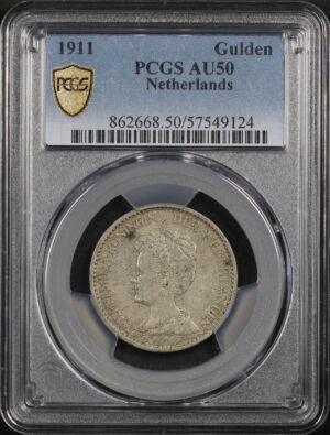 Obverse of this 1911 Netherland Silver 1 Gulden PCGS AU-50