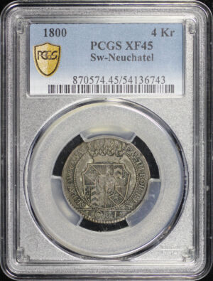 Obverse of this 1800 Neuchatel, switzerland 4Kr PCGS XF-45