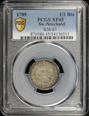 Obverse of this 1789 Switzerland Neuchâtel Billon 1/2 Batzen KM-47 HMZ-2-711 PCGS XF-45