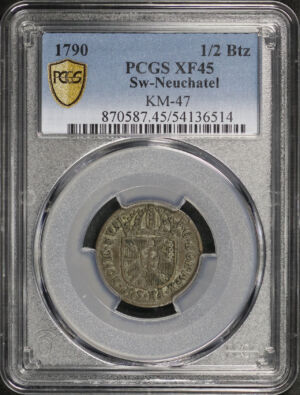 Obverse of this 1790 Neuchatel, switzerland KM-47 1/2Btz PCGS XF-45