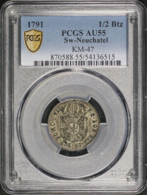 Obverse of this 1791 Sw-Neuchatel KM-47 1/2Btz  PCGS AU-55