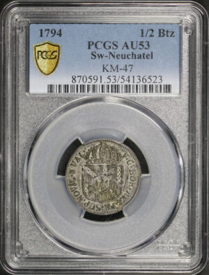 Obverse of this 1794 Neuchatel, Switzerland KM-47 1/2Btz PCGS AU-53