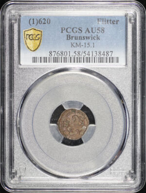 Obverse of this (1)620 Brunswick KM-15.1 Flitter PCGS AU-58 BN