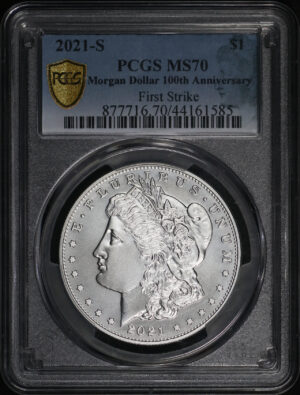 Obverse of this 2021-S Morgan Dollar 100th Anniversary PCGS MS-70 First Strike